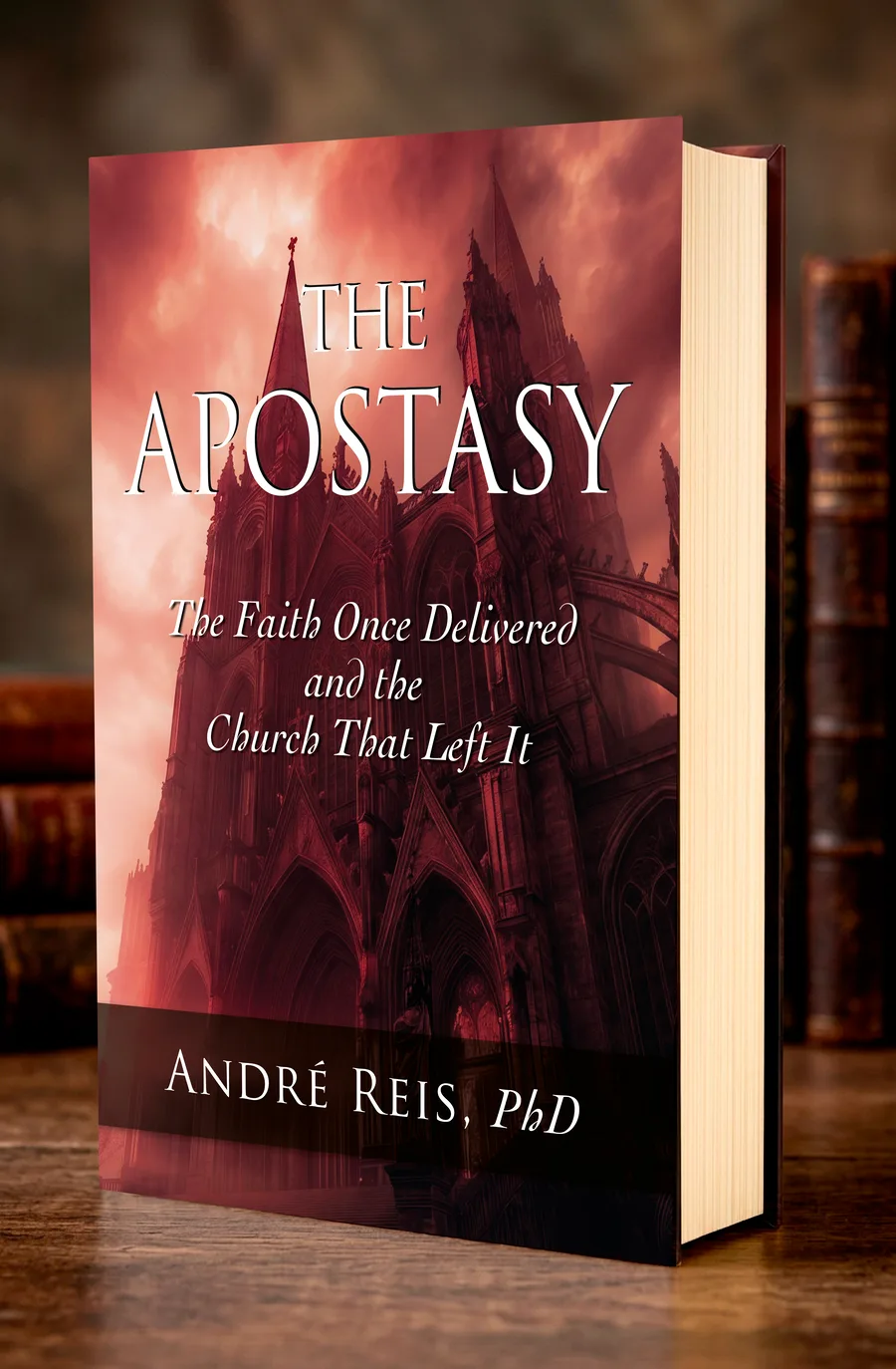 The Apostasy by André Reis, PhD, standing on a wooden desk before a shelf of old leather-bound books; the cover shows a gothic cathedral under a crimson storm sky